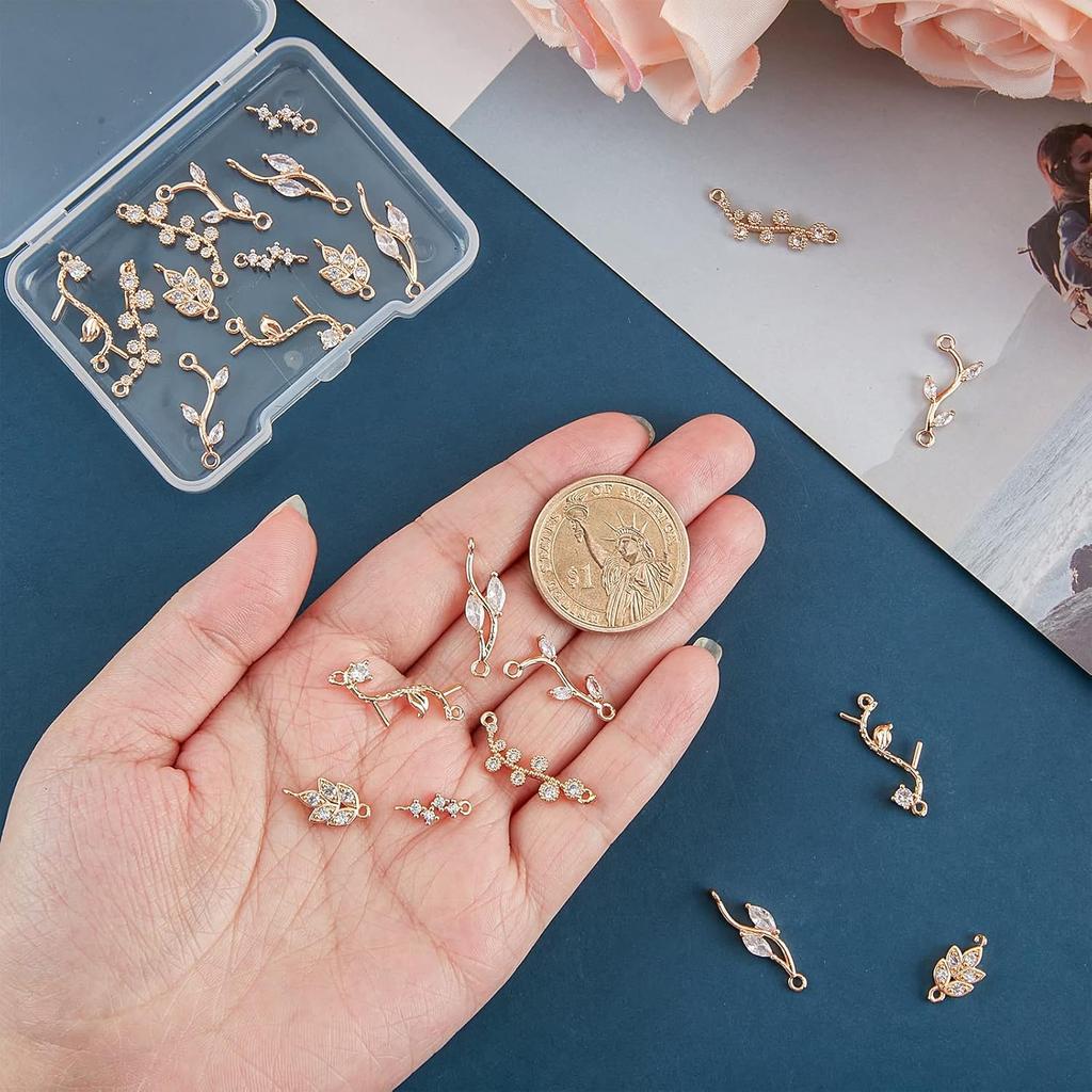 SUPERFINDINGS 24Pcs 6 Styles Cubic Zirconia Links Charms Crystal Leaf Branch Connector Charms Gold Plated Wheat Charms Rhinestone Leaves Pendant