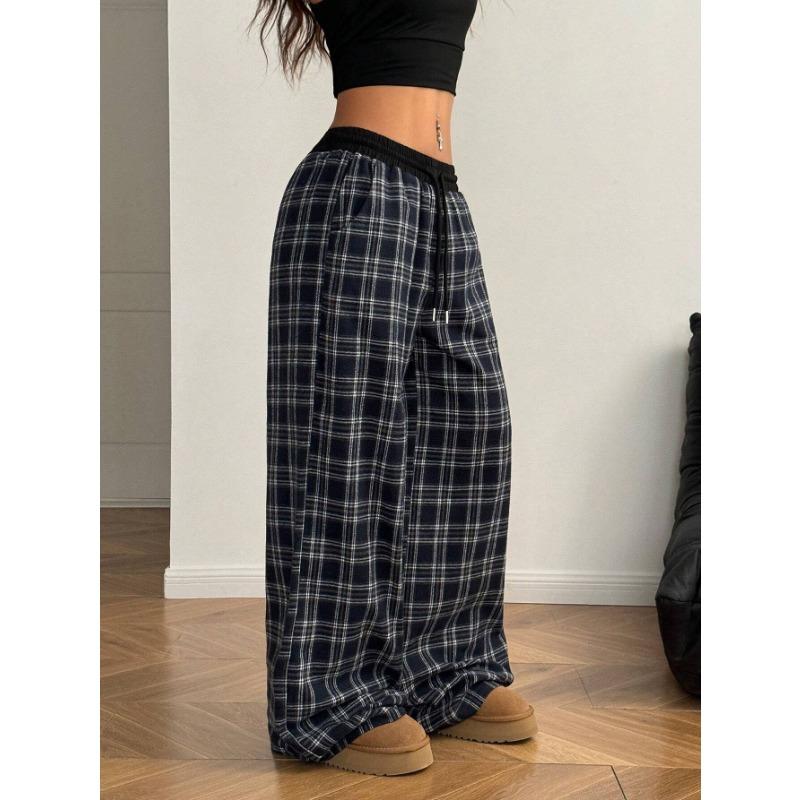 Loose Lazy Straight Leg Plaid High Waist Casual Sports Pants
