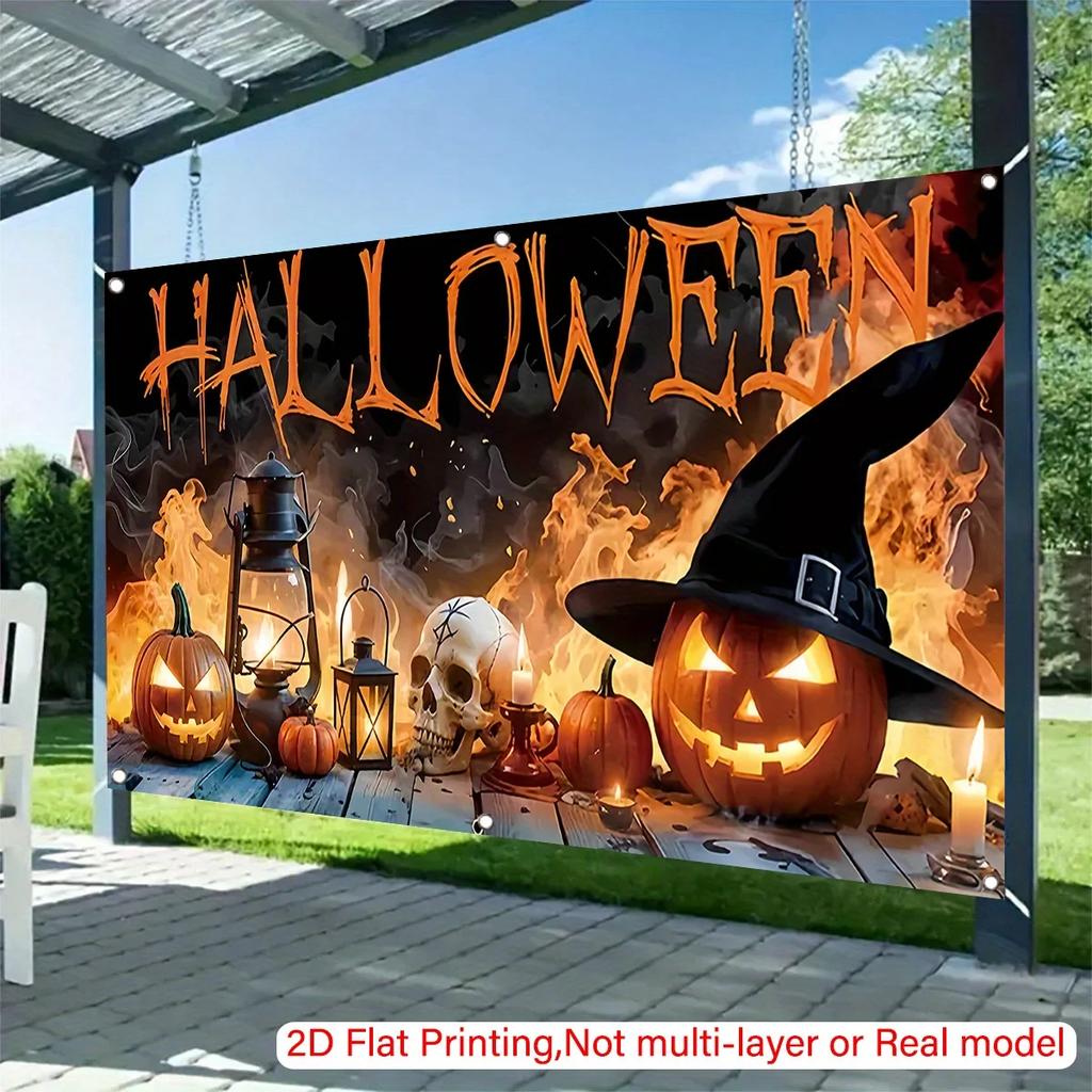 2D Flat Banner Welcome To Halloween - Skull Head Ghost Face Pumpkin - Garage Door Banner Theme ElementsDJH