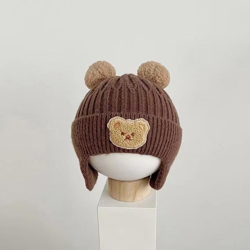 1-5PCS Winter Knit Beret Hat with Bear Ears and Ear Flaps Solid Color Baby Beanie Korean Style Warm Fleece Lined Toddler Cap