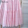 Mori Girl Spring Summer Women Pink Midi Skirt Elastic Waist Embroidery Sweet Chic Skirt Hollow Out Elegant Feminine Skirts