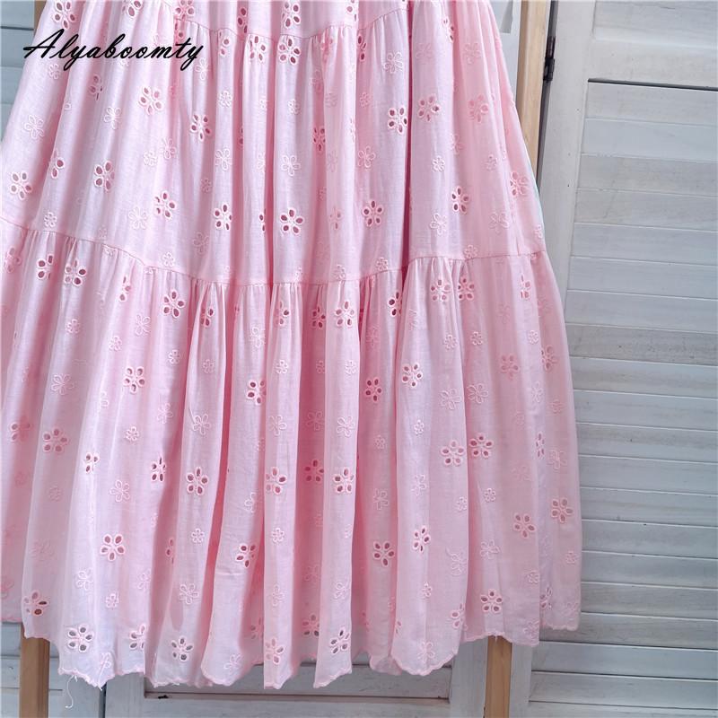 Mori Girl Spring Summer Women Pink Midi Skirt Elastic Waist Embroidery Sweet Chic Skirt Hollow Out Elegant Feminine Skirts