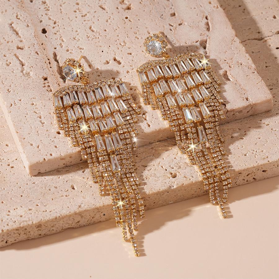 Light Luxury Zircon Fringed Silver Needle Earrings Exaggerated Earrings