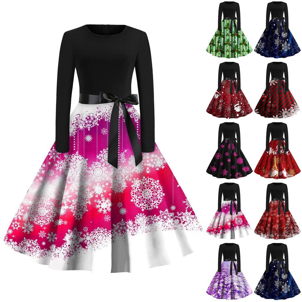Women's Fashion V-Neck Casual Slim Christmas Printed Long Sleeve Hair Collar Dresses