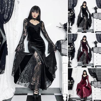 Women Cosplay Dress Dark Style Halloween Party Costume Lace Patchwork Flower Embroidery Fish Tail Hem Long Sleeves Tight Waist A-line Performance