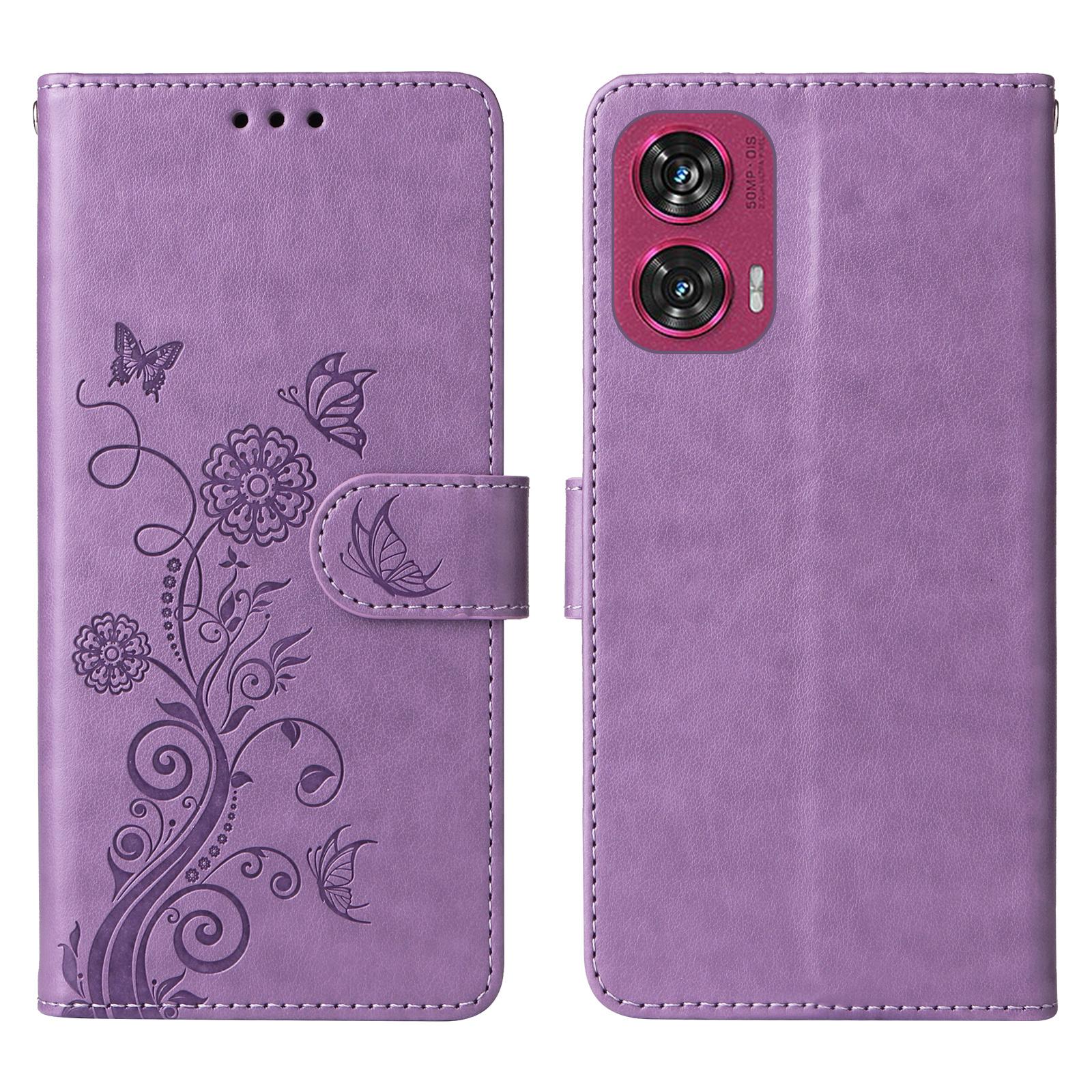 

For Motorola Edge 50 Fusion 5G Case Butterfly Floral Imprint Wallet Stand Leather Phone Cover Purple