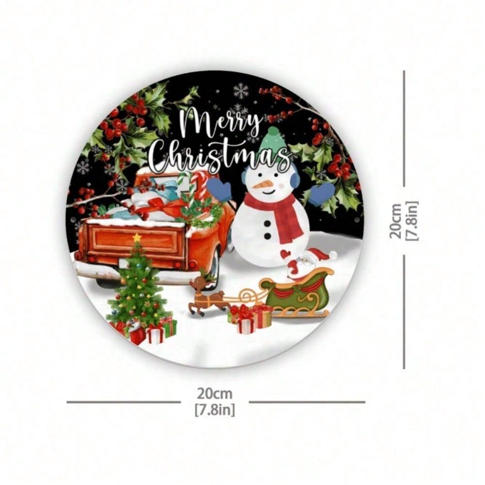 Merry Christmas Snowman Round Tin Sign 7.8 Inch Rustic Metal Wall Decor Pine Branches