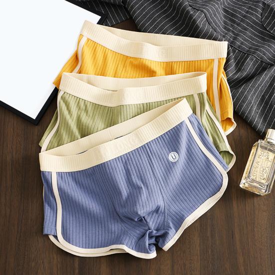 Men Boxer Underwear Mid-rise Tight Cut High Elasticity Shorts Briefs Patchwork Color Ribbed U-Convex Panties