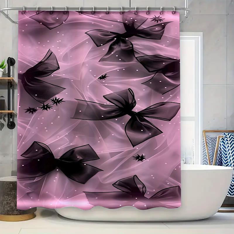 Black Bow on Pink Background Waterproof Shower Curtain Heat Resistant Machine Washable Non-Transparent 180x180cm