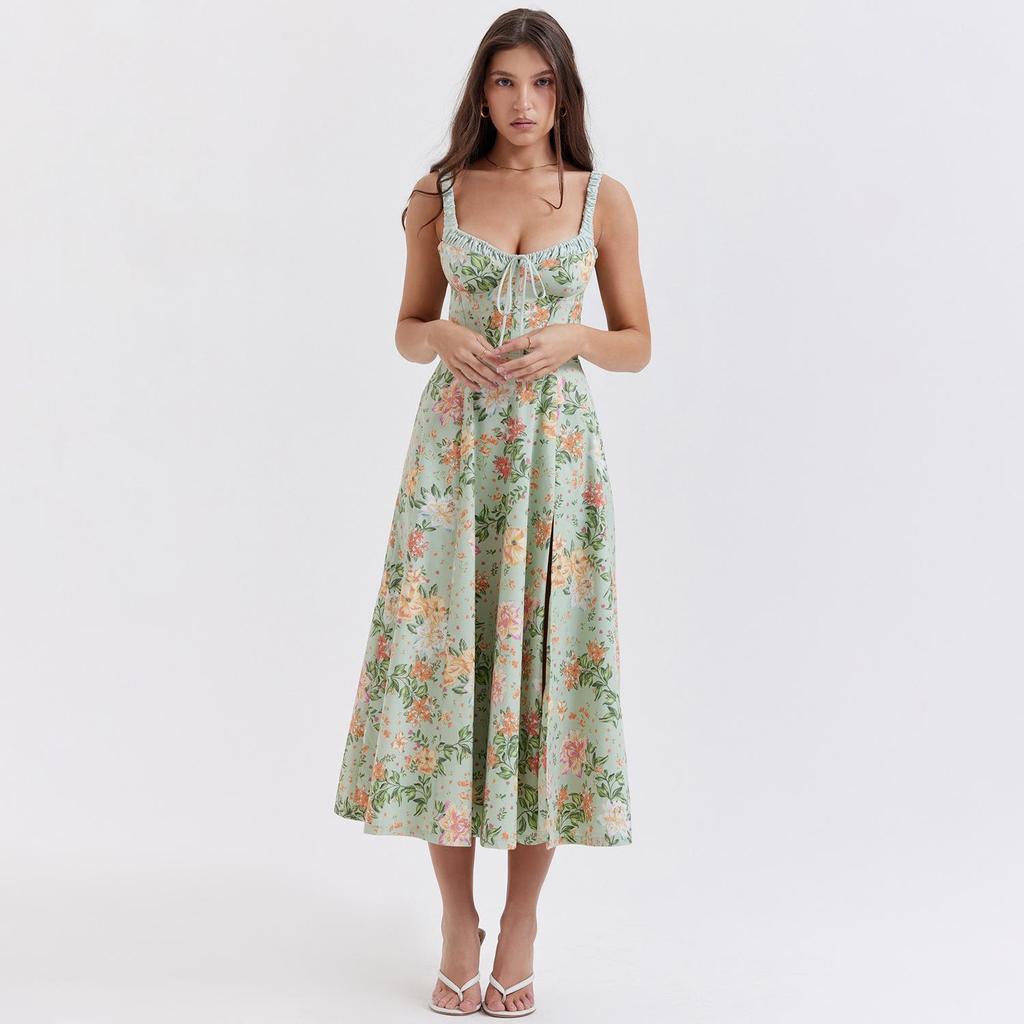 European & American Floral Split Midi Dress with Pleated Lace-Up and Patchwork Details