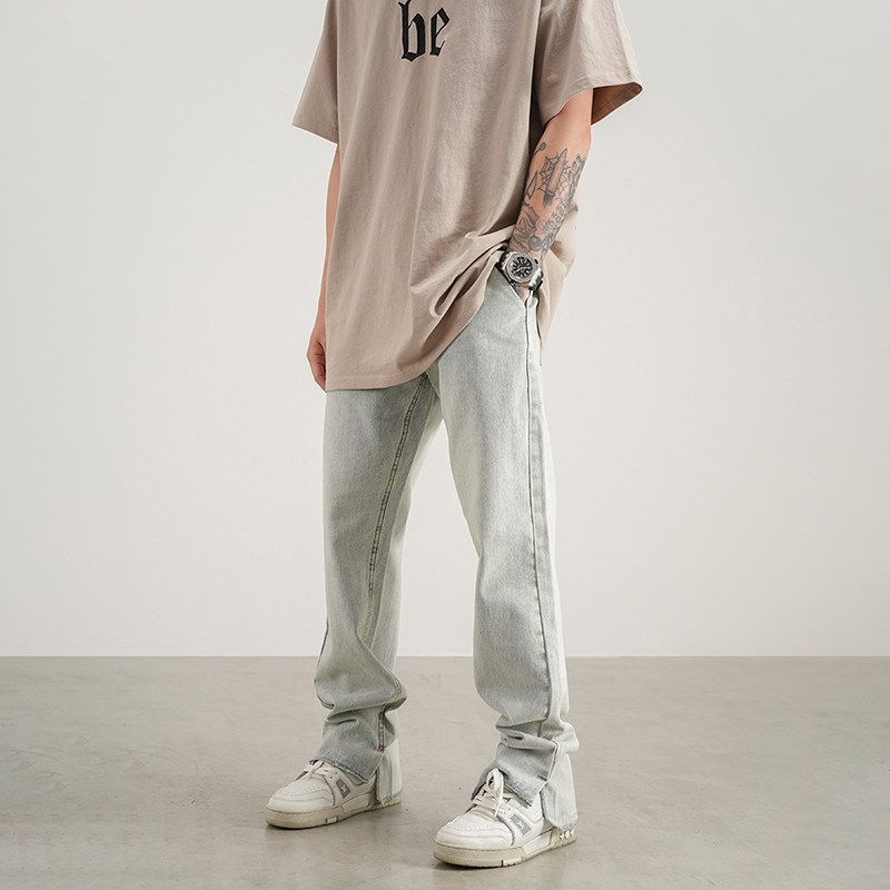 

Black of Exit American Retro Distressed Split Straight Denim Men and Women Chinese Fad Easiest for Match Accumulated Pants Light Blue X L