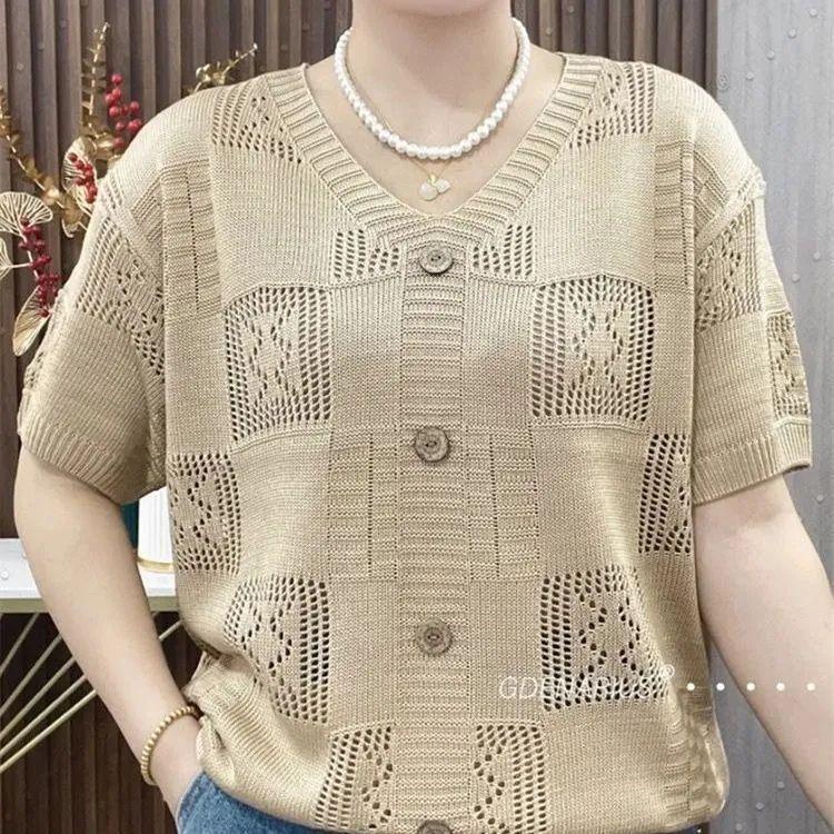 

Тонкая повседневная базовая вязаная футболка с коротким рукавом и вырезами, однотонные базовые топы XXXL бежевый