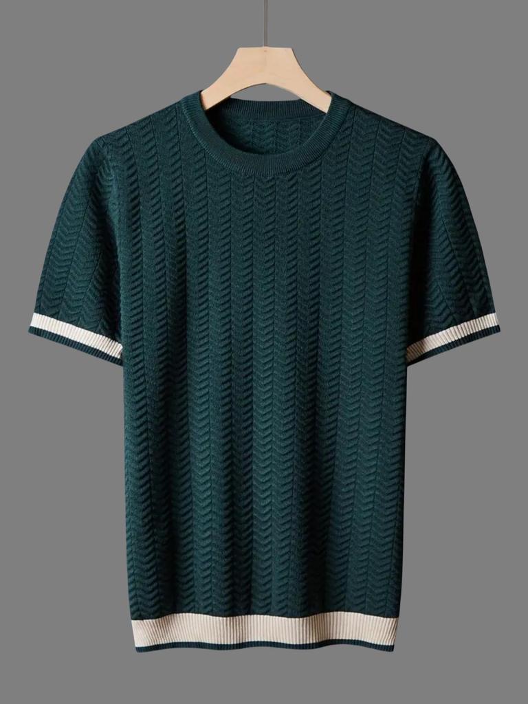 Italian Color-Block Men's Knit: Breathable Jacquard Texture, Loose Fit, Contrast Color, Round Neck, Short Sleeve.