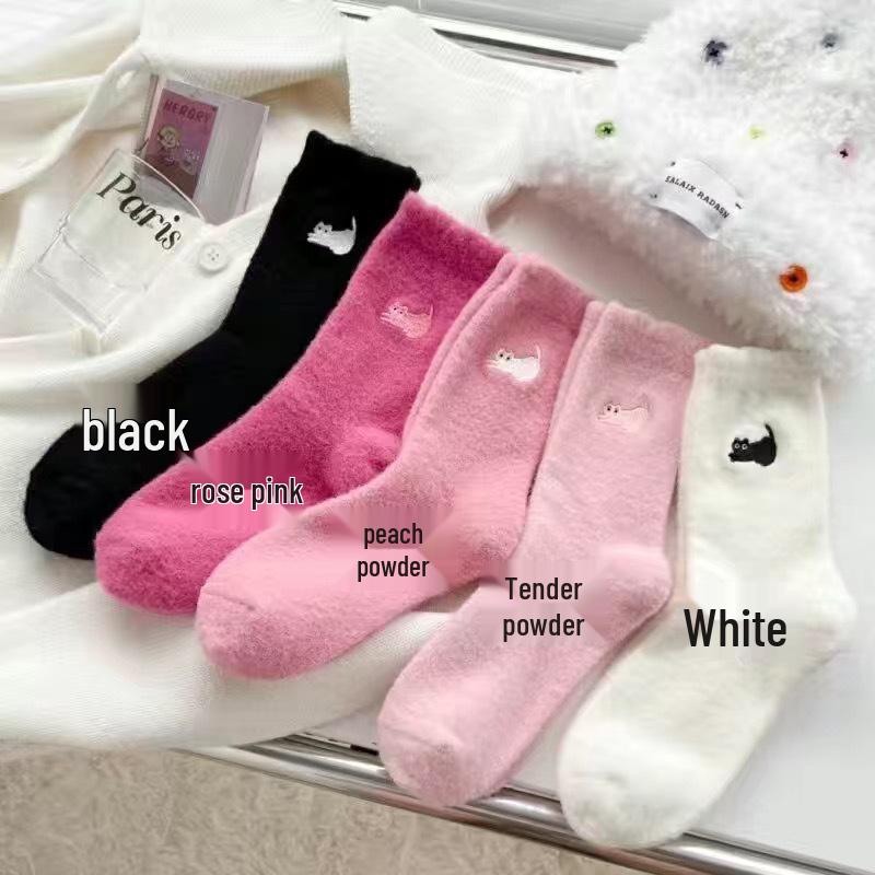 

Женские милые бархатные зимние носки до середины икры с котиком - Толстые, теплые и идеальные для сна или послеродового периода, осенний дизайн с плюшевым бархатом One Size роза розовый