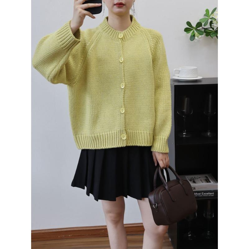 

Осень и зима новый кардиган крупной вязки с круглым вырезом, свободный, ленивый ветер, однотонный, ретро, куртка-свитер женская One size желто-зеленый
