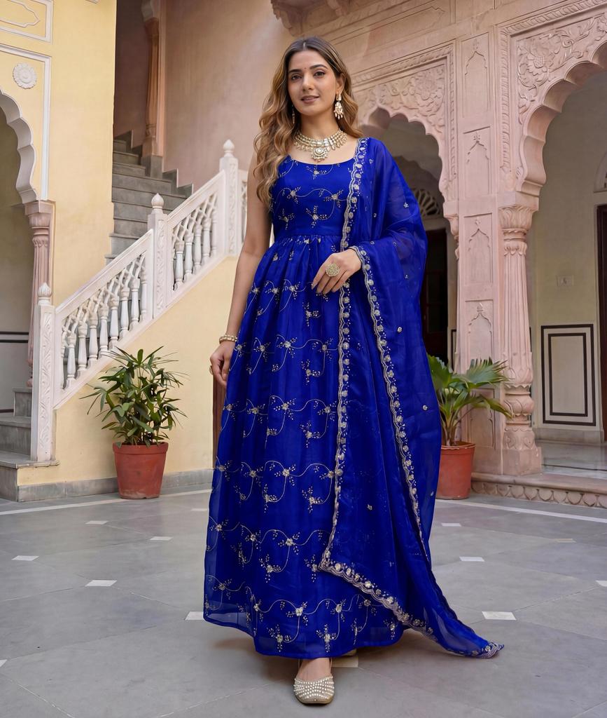Donna Designer Anarkali Fandy Seta Abito Pantalone Dupatta Set Abbigliamento da Festa Bollywood Salwar Suit