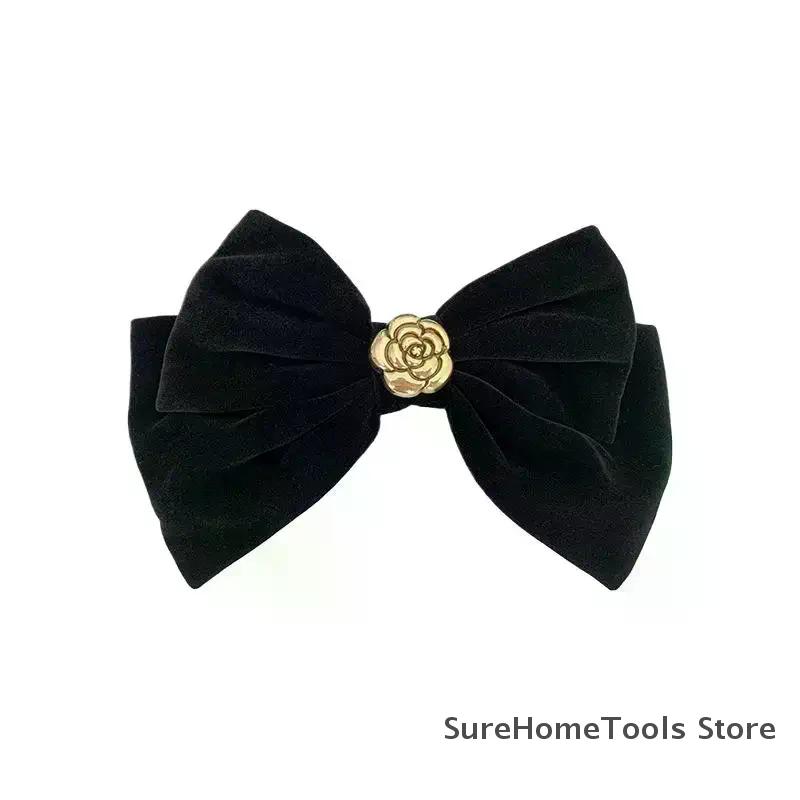 Nouvelles épingles à cheveux en velours noir avec nœud et ruban, élégantes pinces à cheveux camélia en tissu pour femmes, accessoires de coiffure tendance pour queue de cheval