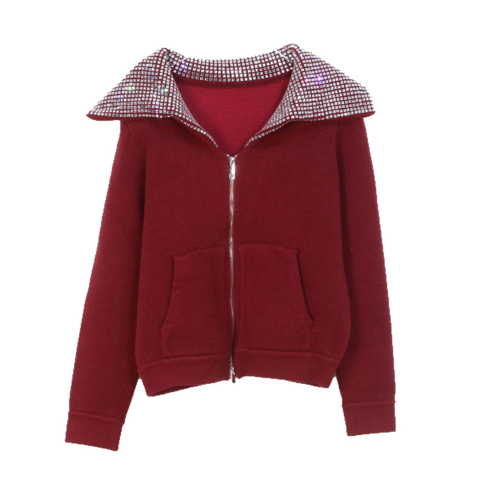 

Темно-синий вязаный кардиган с отделкой стразами и широким лацканом для женщин, Осень/Зима 2025 S