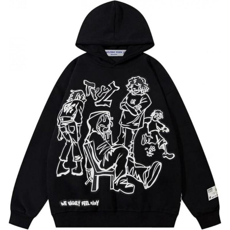 Oversized Hooded Sweatshirt Men Women Streetwear Loose Fit Graphic Print Long Sleeve Pullover Casual Jacket