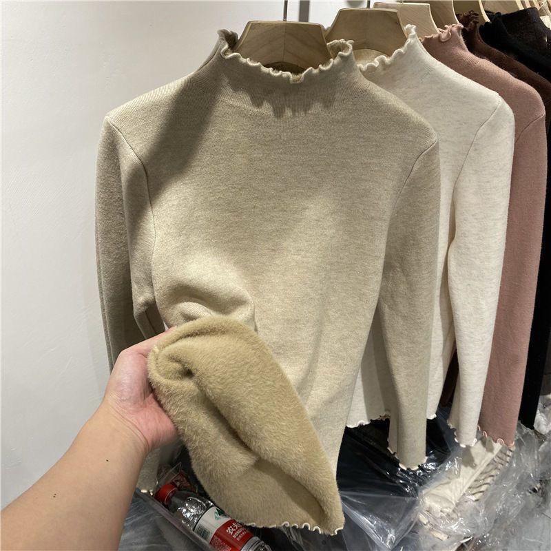 Solid Retro Plus Velvet Padded Knitted Bottoming Shirt Women Autumn Winter New Fashion Long Sleeved Tops Casual Pullover