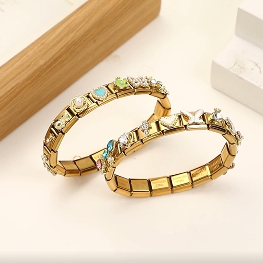 Vintage Zircon Cherry Heart Butterfly Star Bee Golden Italian Charm Links Fit 9mm Stainless Steel Bracelet Women DIY Making Gift