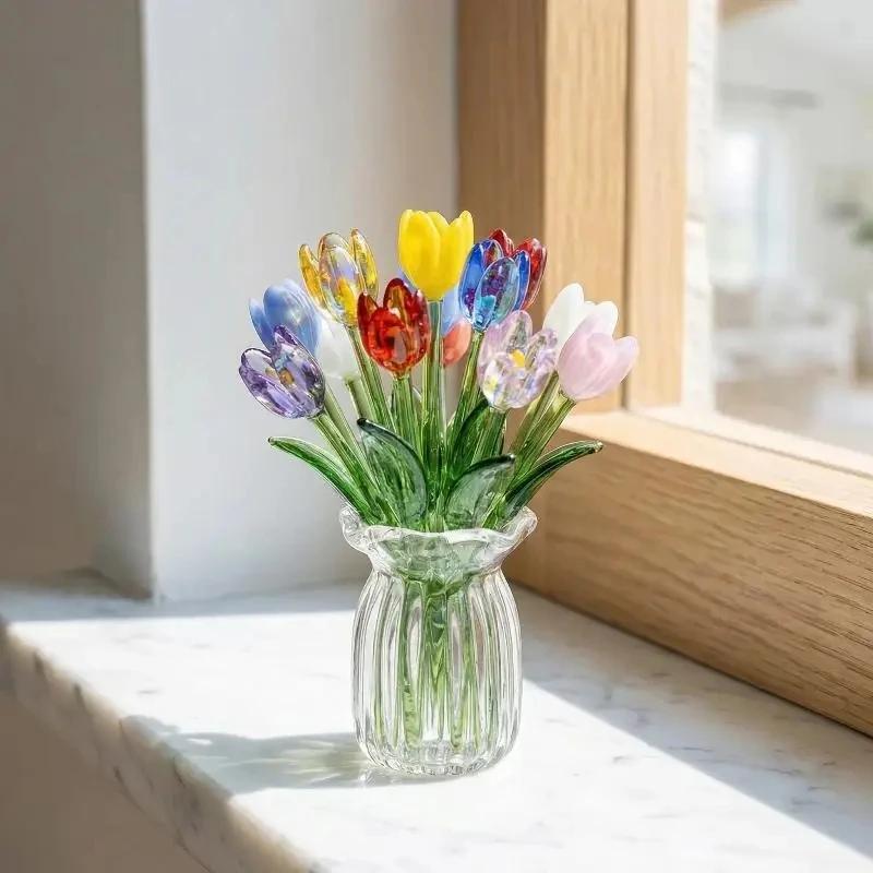 Glass Flower Bouquet with Vase Hand-Blown Mini Flower Decoration Home Living Room Handmade Simulation Floral Ornament with Stem