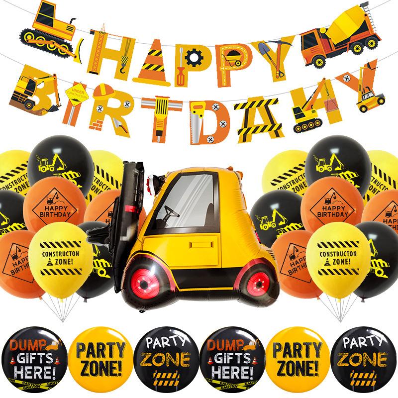 Traffic Construction Vehicle Latex Balloon Pulling Flag Badge Set Birthday Party Decoration Venue Layout