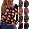 Women's Halloween Print Long Sleeve V-Neck T-Shirt with Decorative Buttons for Casual Wear