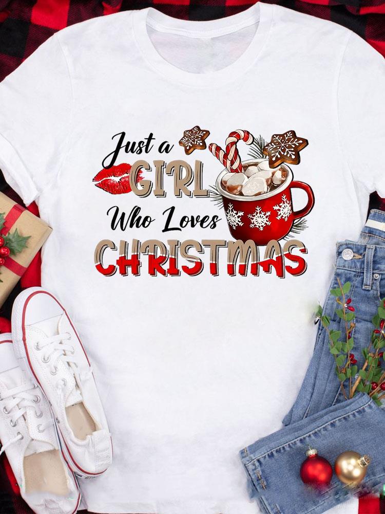 (Asian Size) Tee Top festival  Merry Christmas New Year Holiday Casual tree cute 90s Women Print Lady Short Sleeve Fashion Graphic T-shirts