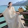 White Texture Pleated Collar Dress Women's Summer French Lazy Vacation Casual Loose and Thin Long Dress