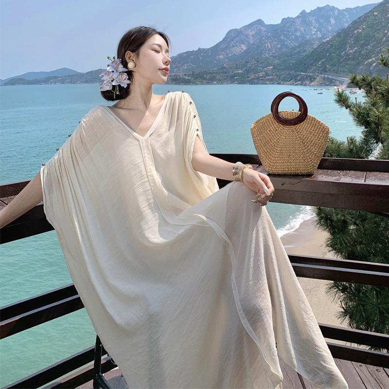 White Texture Pleated Collar Dress Women's Summer French Lazy Vacation Casual Loose and Thin Long Dress