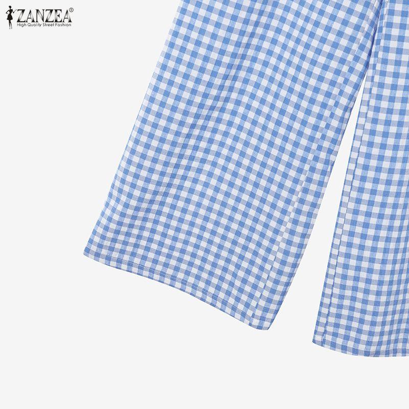 ZANZEA Women 3/4 Sleeve Blouse and Pants Plaid Print Two Piece Suit Sets