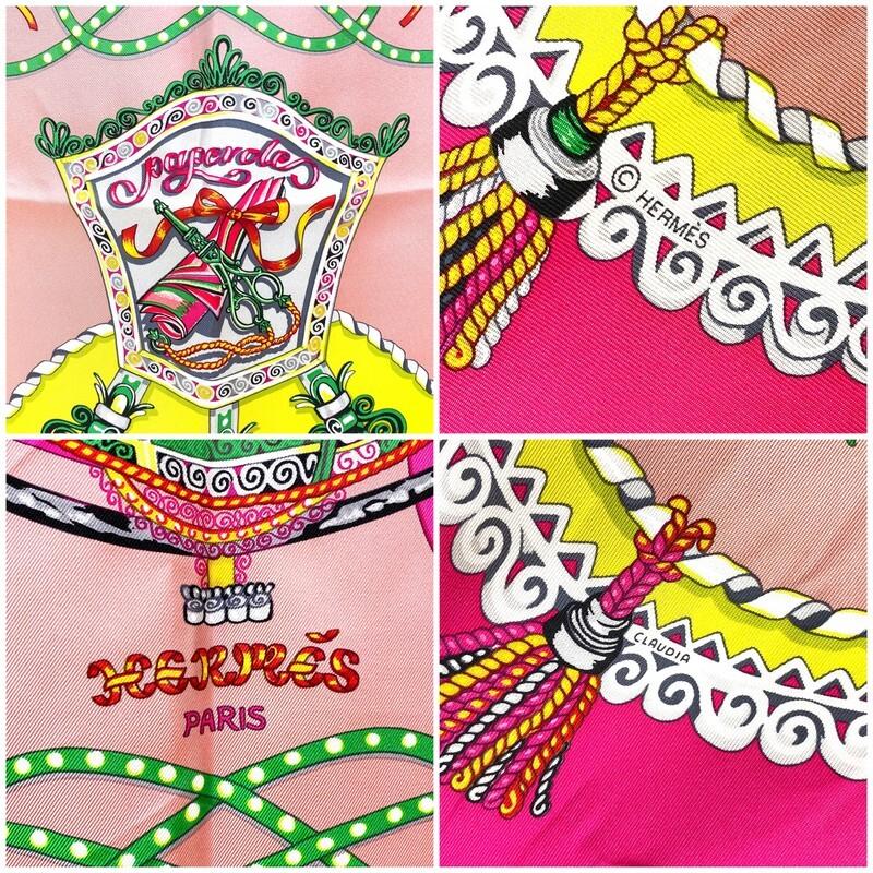 [USED]It HERMES Carre 90 Scarf and 90x90 Pink Lime Green Silk E1 [Buy Now] [PAPEROLES (Paperoles/Carriage Nobleman)] 100%