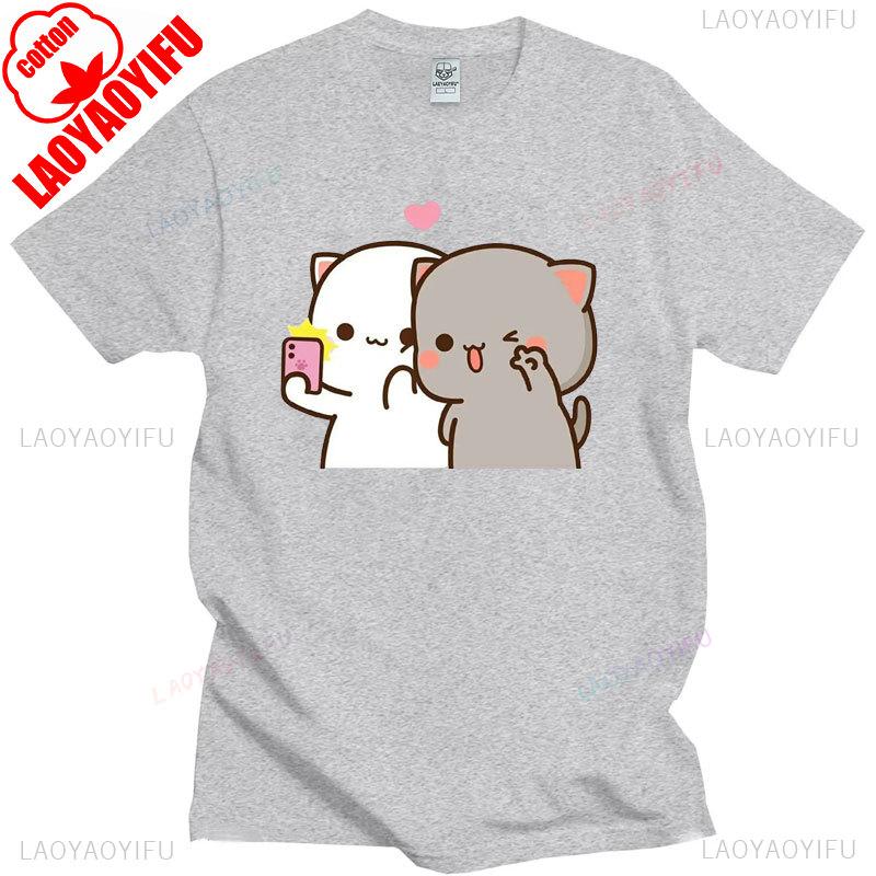 Pfirsich Katze Goma und Mochi Selfie T-Shirt Sommer Baumwolle Kurzarm T-Shirts Niedlicher Druck T-Shirt Mode Harajuku Lustige Partner Tops