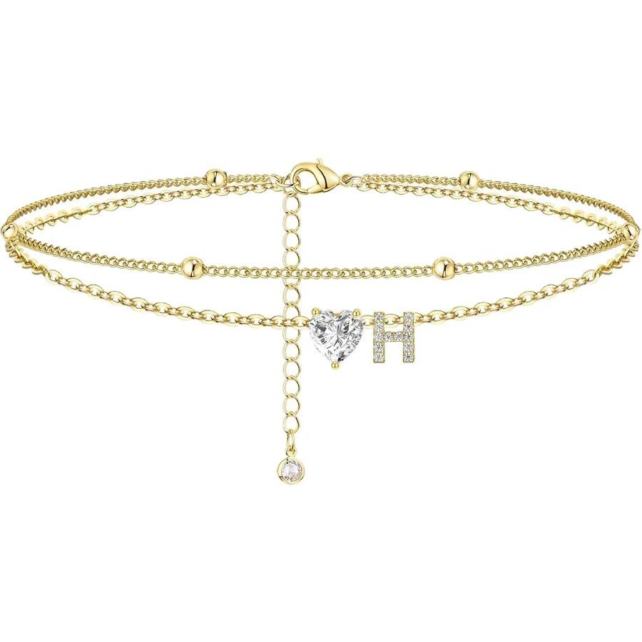 Ankle Bracelets for Women Waterproof 14K Gold Plated CZ Initial Dainty Layered Heart Anklets Foot Chain Summer Beach Jewelry