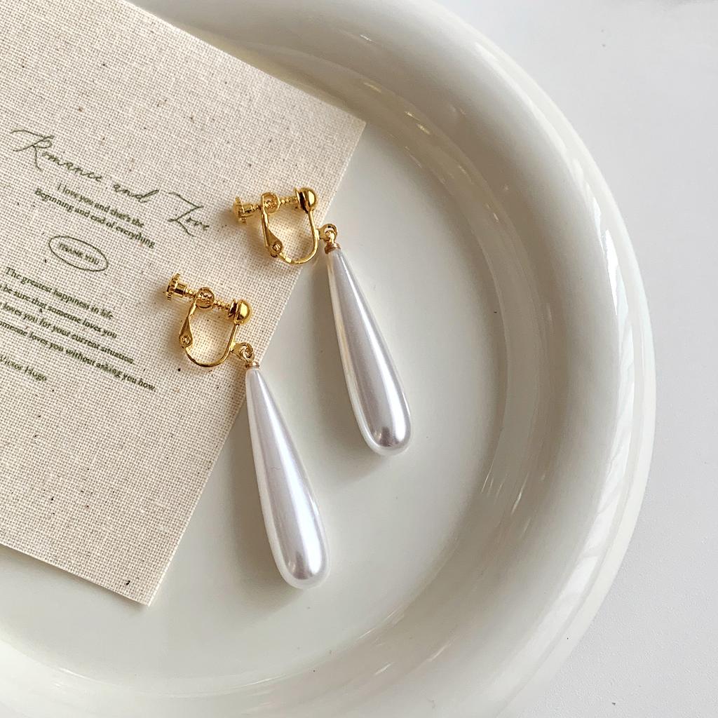 French Pearl Water Drop Long Clip On Earrings Without Ears Hole Women's Elegant Temperament Pearl Earrings No Pierced Earclips