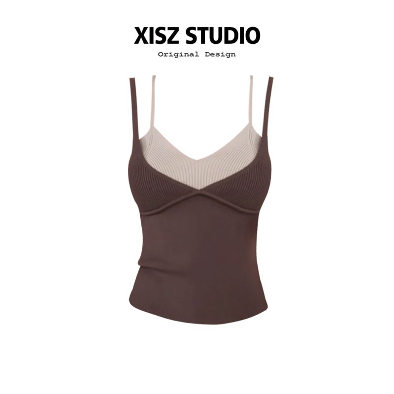 

American Sweet Gyaru Knitted Fake Two Pieces Small Cami Women Summer Fashion Western Style Slim fit Slimming Sleeveless Top Dark Brown [High Quality] S