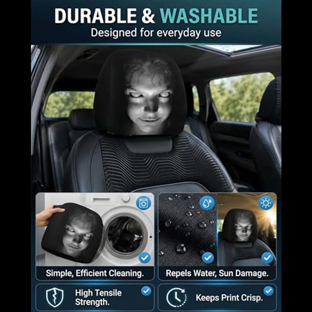 2pc Halloween Horror Face Printed Car Pillowcase Soft Washable Fabric Headrest Protector Universal Car Breathable Headrest Cover