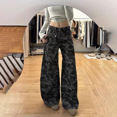 Women's Spring Vintage High-Waisted Loose Slimming Floor-Length Pants American High-Street Cargo Wide-Leg Camouflage Jeans