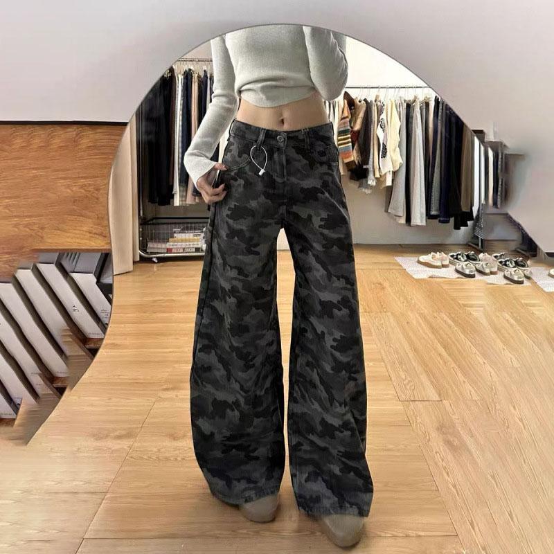 Women's Spring Vintage High-Waisted Loose Slimming Floor-Length Pants American High-Street Cargo Wide-Leg Camouflage Jeans