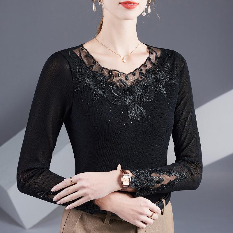 

Женский осенний топ из сетки с вышивкой стразами и серебряной нитью - Универсальная модная модель с длинным рукавом XL