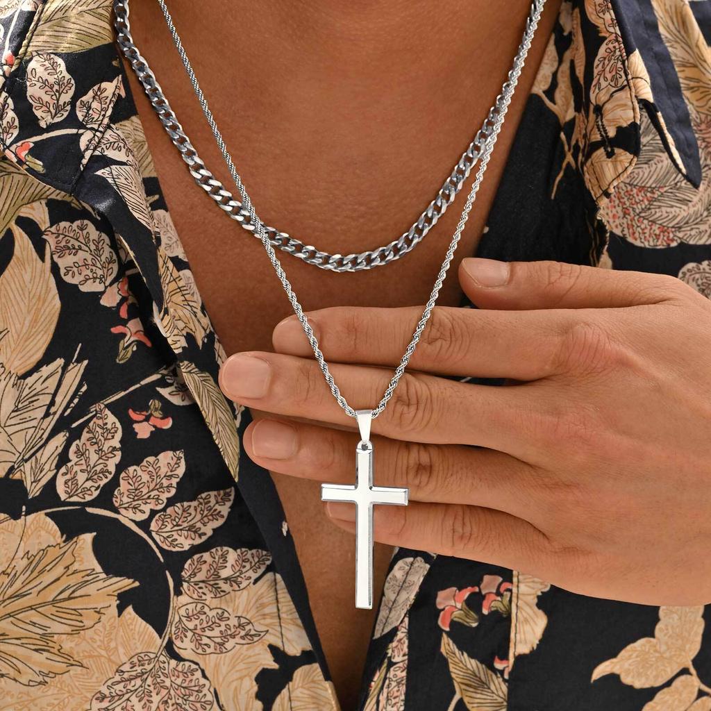 2pcs Punk Cross Necklace for Men BoysStainless Steel Stacked Chain Necklace,Male Sweater Chain Gift