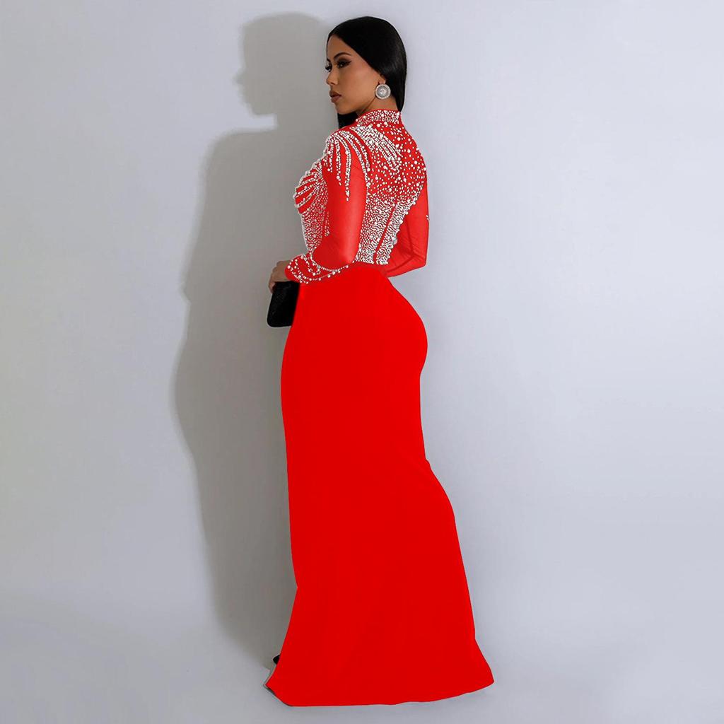 Women's Fashion Solid Color Mesh Slit Long Dress with Hot Drill Detailing.