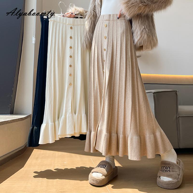French Style Autumn Winter Women Knitting Skirt High Waist Beige Black Knitted Ruffles Skirt Elegant Feminine Split Ladies' Skirts Womens