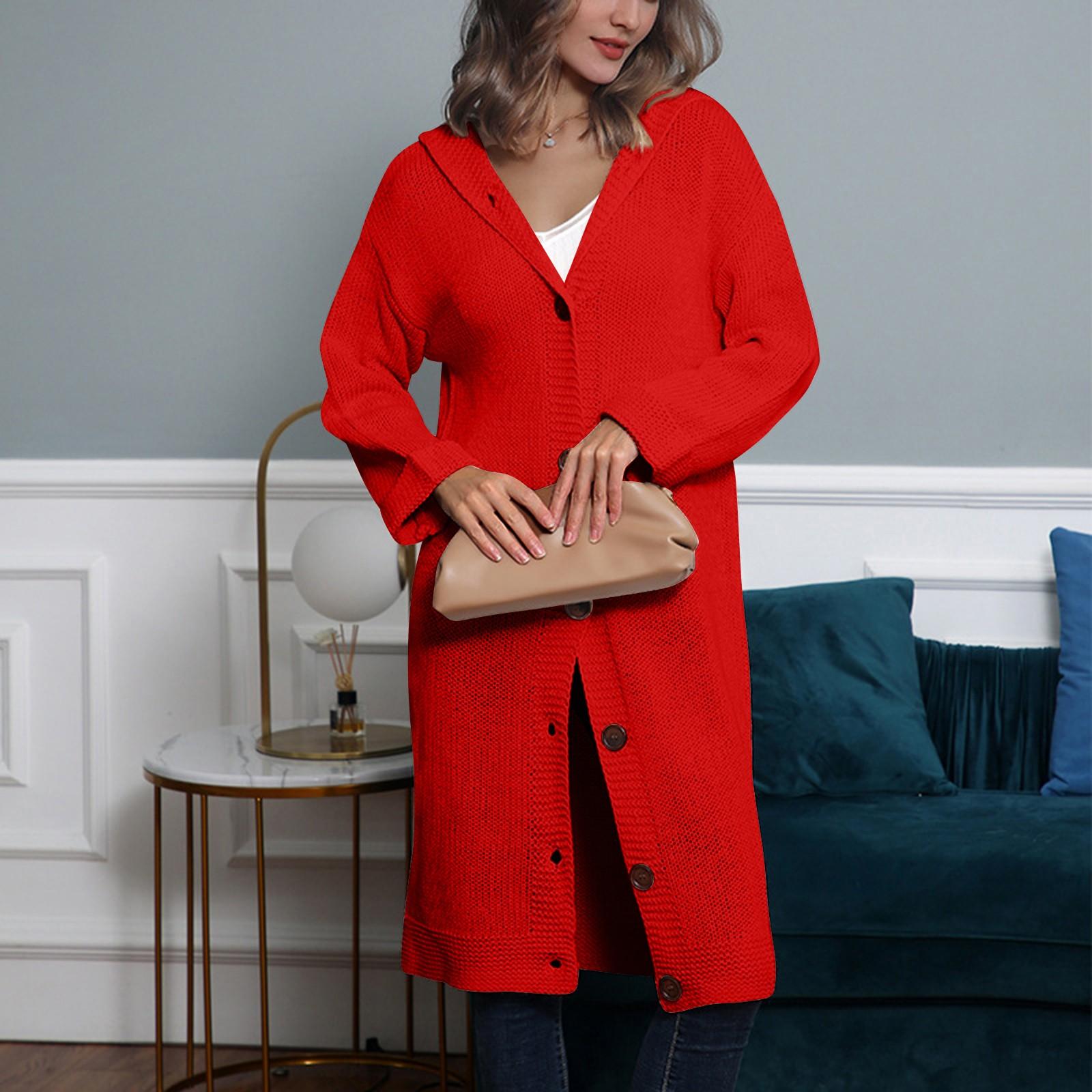 

Женский зимний длинный кардиган с капюшоном, однобортный свободный свитер с длинными рукавами XXXL красный