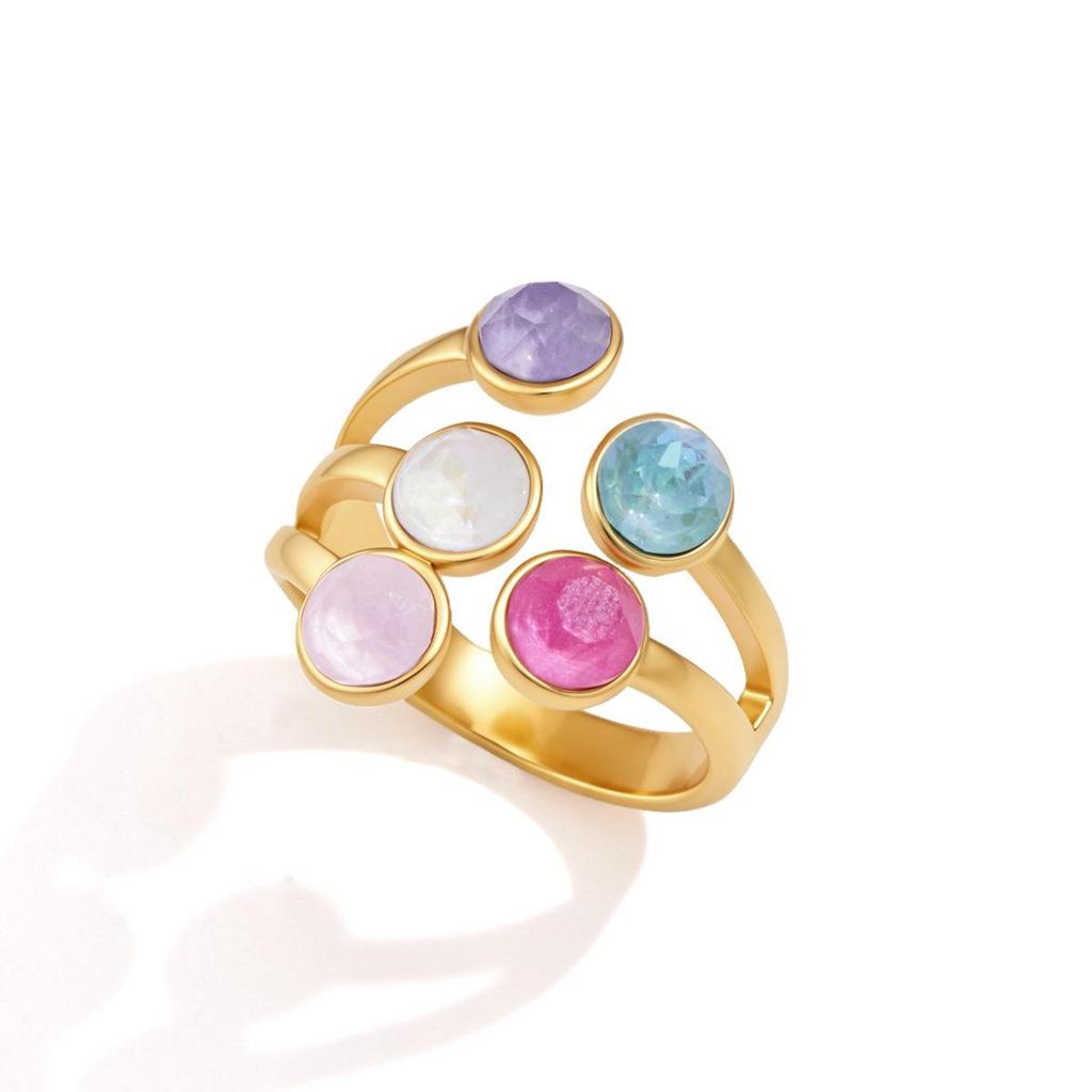 Wanxing 18K Gold Plated Stainless Steel Colorful Rhinestone Multi-layer Open Round Ring - Women's Classic Style