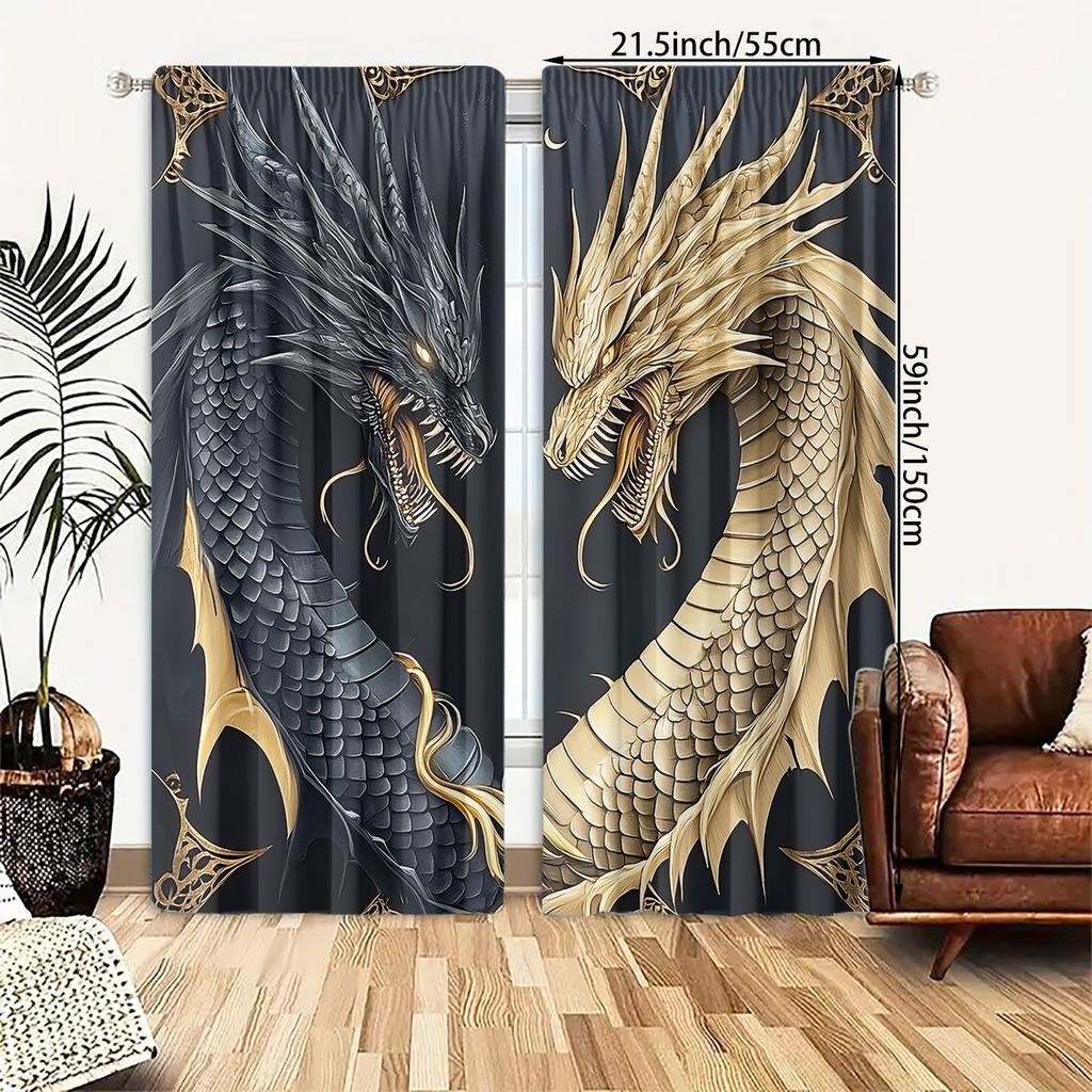 2pcs Black & Gold Dragon Print Curtains – Art Deco Style   Light Filtering & Fade Resistant for Bedroom   Living Room & Office