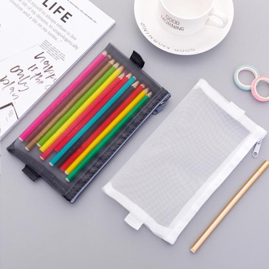 Transparent Mesh Pen Case Holder Pencil Bag Students Stationery Storage Pouch