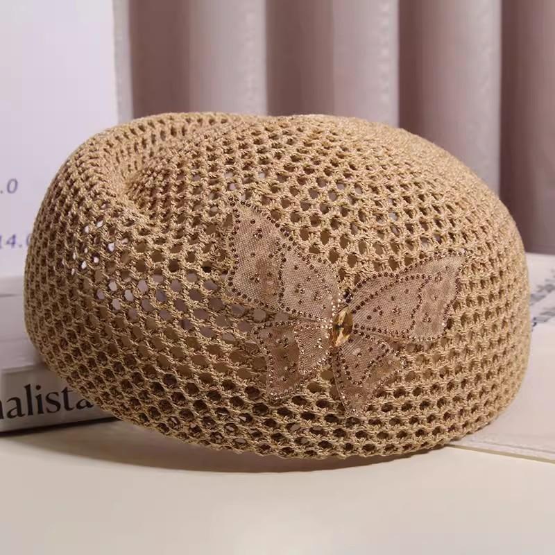 French Elegant Rhinestone Butterfly Hollow Beret Women's Summer Korean Style Versatile Painter Hat Fashion Accessory