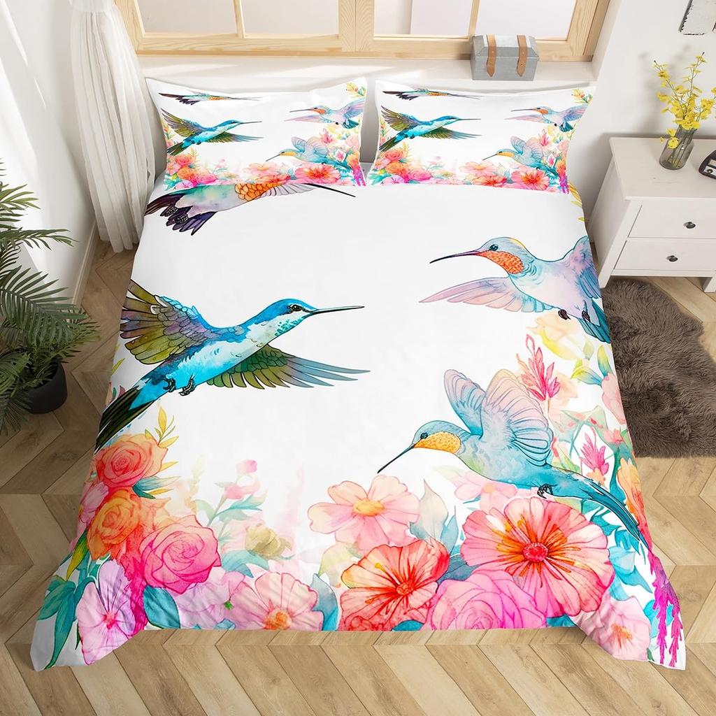 Hummingbird Floral Duvet Cover Birds Bedding Set Blue Green Spring Wild Animals Botanical Comforter Cover Polyester Quilt Cover
